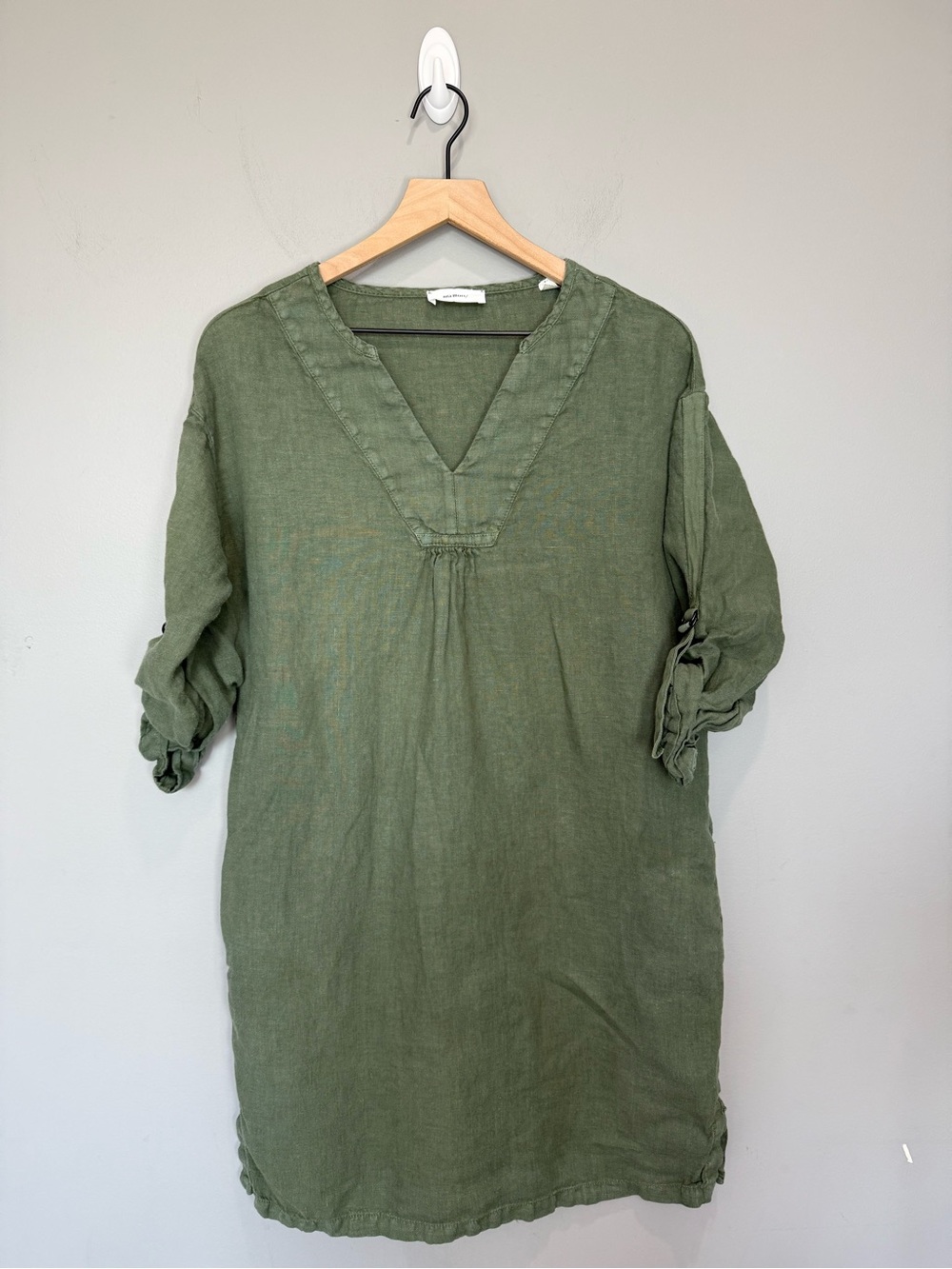 Sita Murt 100% Linen Olive Green Tunic Dress Ruched Sleeve EU 42 L